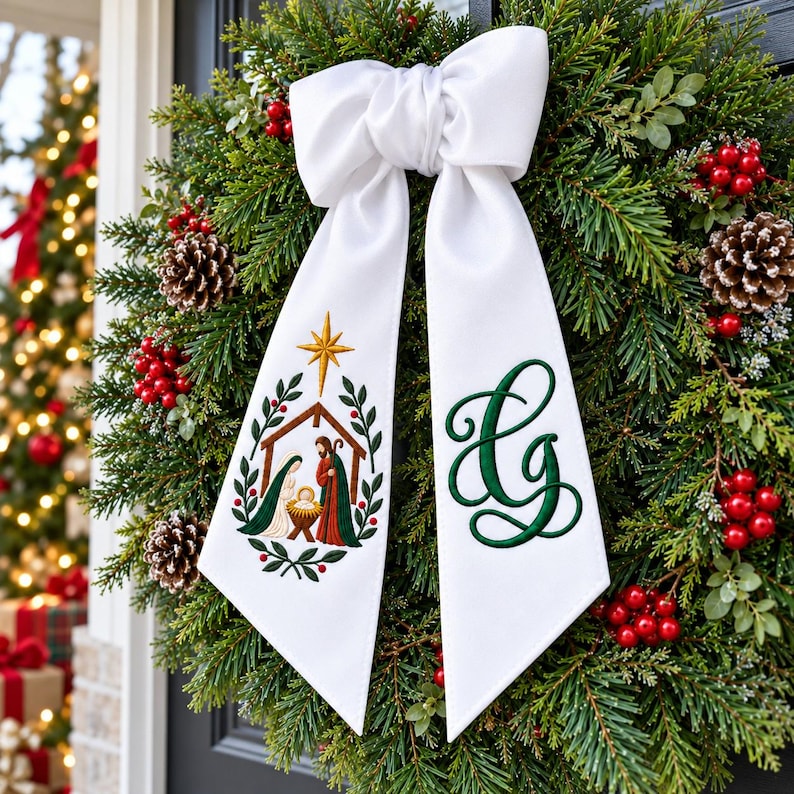 Embroidered Nativity Christmas Wreath Sashes, Personalized Monogram Initial Bow, Holy Family Door Decor