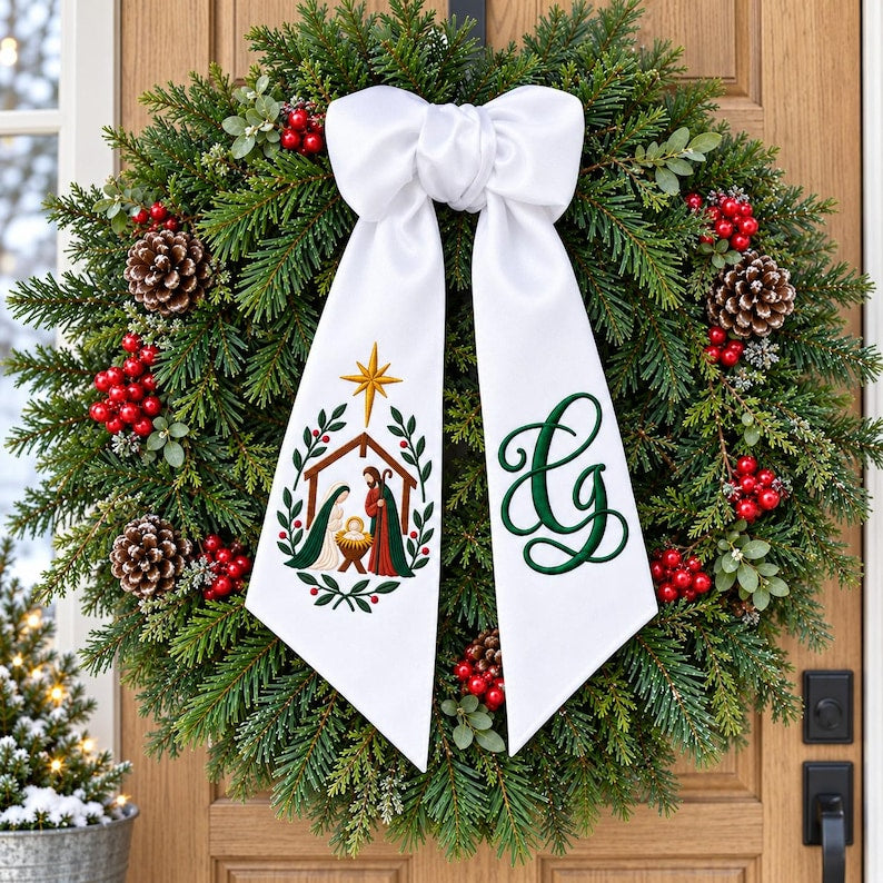 Embroidered Nativity Christmas Wreath Sashes, Personalized Monogram Initial Bow, Holy Family Door Decor