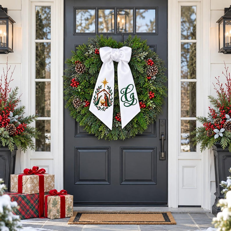 Embroidered Nativity Christmas Wreath Sashes, Personalized Monogram Initial Bow, Holy Family Door Decor