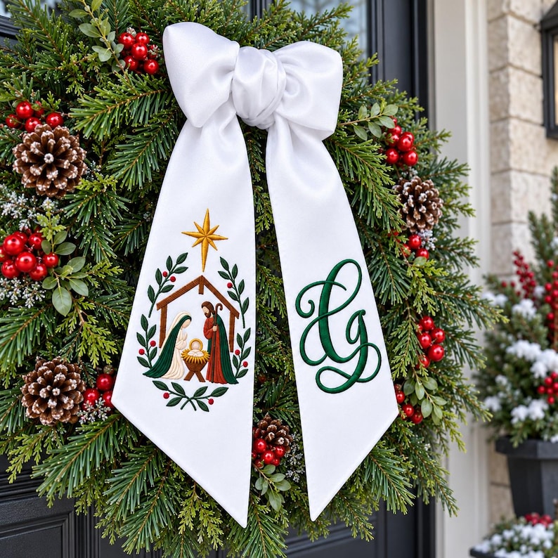 Embroidered Nativity Christmas Wreath Sashes, Personalized Monogram Initial Bow, Holy Family Door Decor