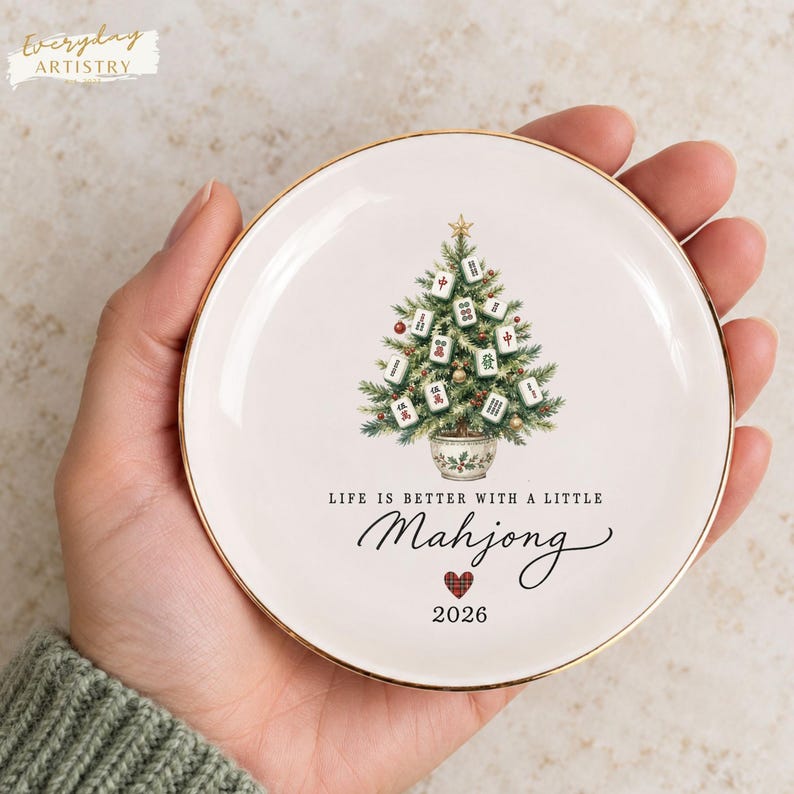 Mahjong Ring Dish, Christmas Tree Trinket Tray, Mah Jongg Player Gift, 2026 Holiday Keepsake
