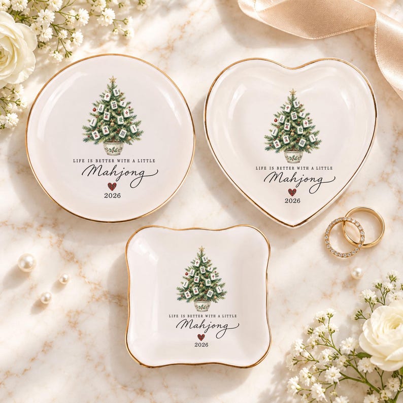 Mahjong Ring Dish, Christmas Tree Trinket Tray, Mah Jongg Player Gift, 2026 Holiday Keepsake