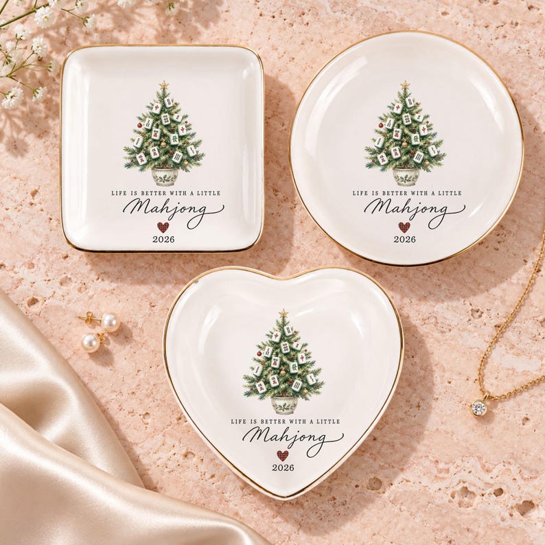 Mahjong Ring Dish, Christmas Tree Trinket Tray, Mah Jongg Player Gift, 2026 Holiday Keepsake
