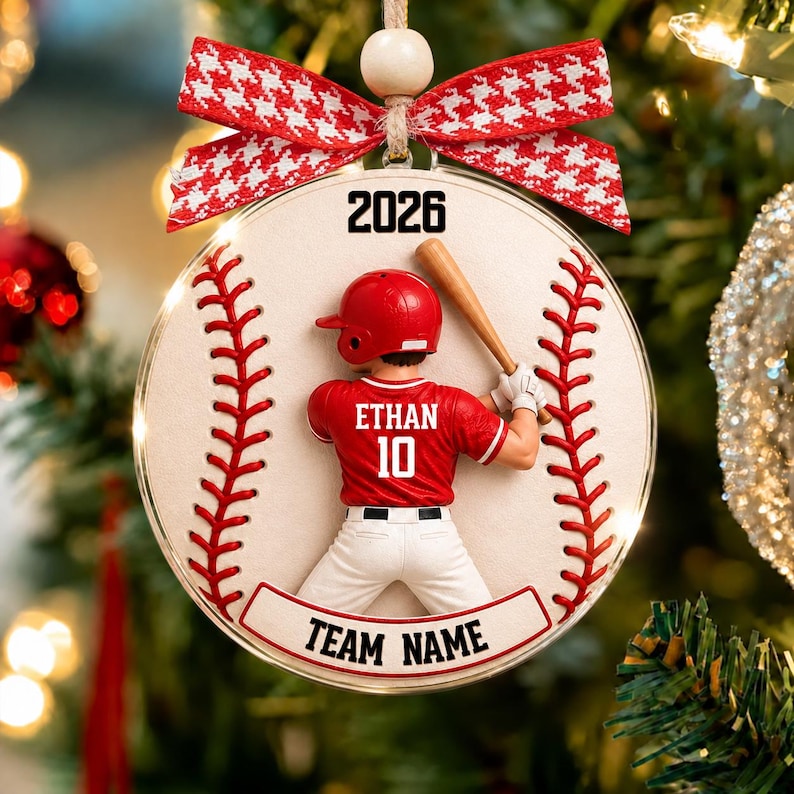 Personalized Baseball Player Christmas Ornament, Custom Name Jersey Number Team Baseball Gift, 2D Flat Acrylic Boy Athlete Keepsake