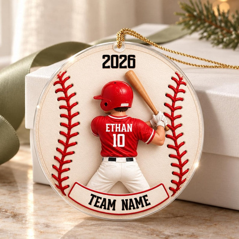Personalized Baseball Player Christmas Ornament, Custom Name Jersey Number Team Baseball Gift, 2D Flat Acrylic Boy Athlete Keepsake