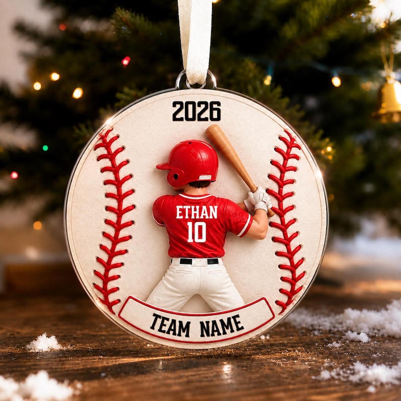 Personalized Baseball Player Christmas Ornament, Custom Name Jersey Number Team Baseball Gift, 2D Flat Acrylic Boy Athlete Keepsake