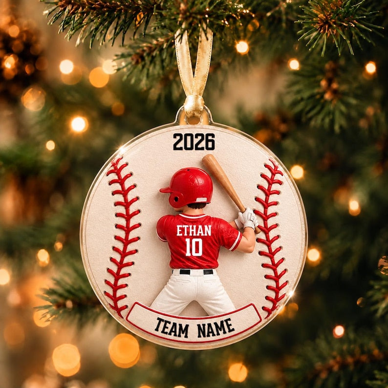Personalized Baseball Player Christmas Ornament, Custom Name Jersey Number Team Baseball Gift, 2D Flat Acrylic Boy Athlete Keepsake