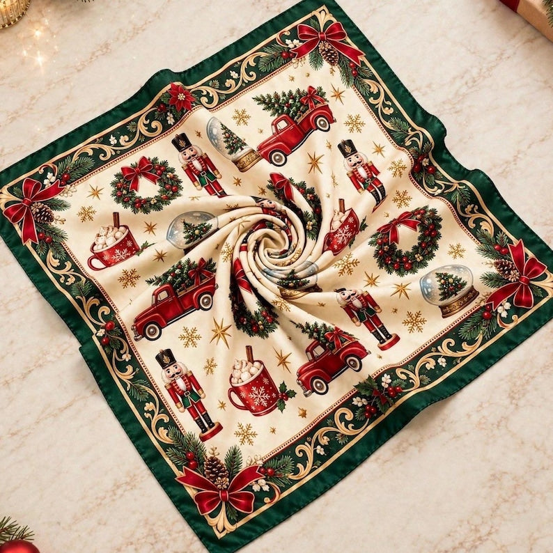 Nutcracker Christmas Scarf, Vintage Red Truck Satin Bandana, Holiday Hair Wrap, Retro Festive Neck Kerchief, Silk Feel Headscarf Gift