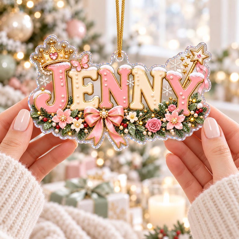 Personalized Princess Christmas Ornament, Custom Name Ornament for Girls, Pink Princess Ornament