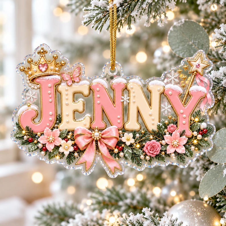 Personalized Princess Christmas Ornament, Custom Name Ornament for Girls, Pink Princess Ornament