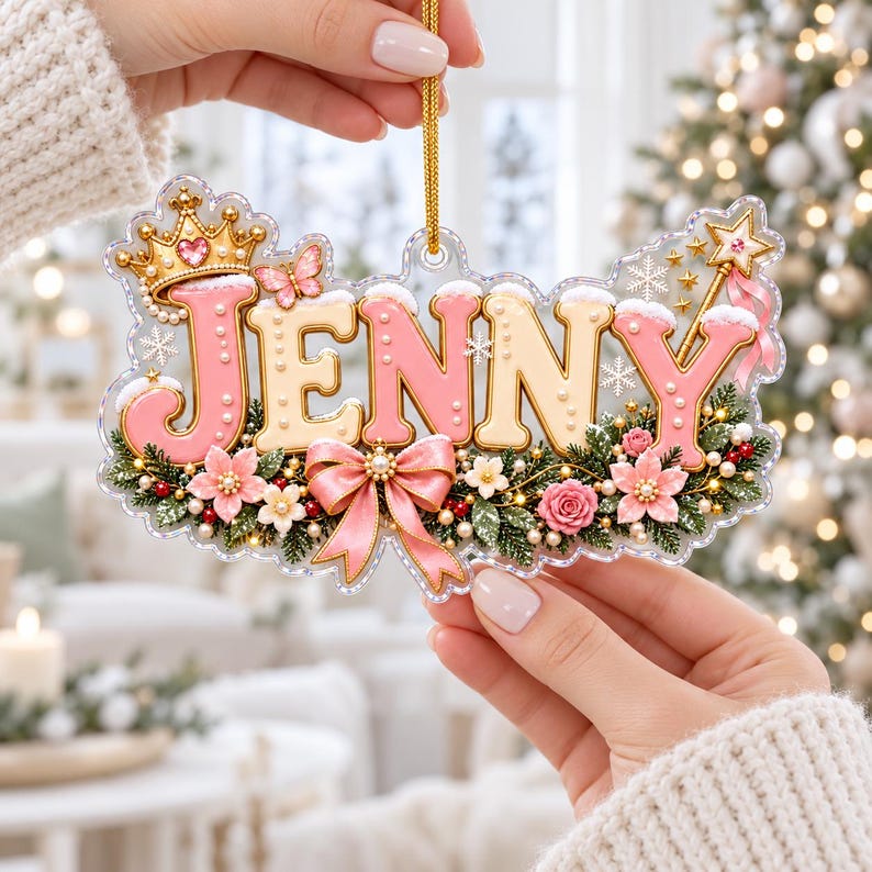 Personalized Princess Christmas Ornament, Custom Name Ornament for Girls, Pink Princess Ornament
