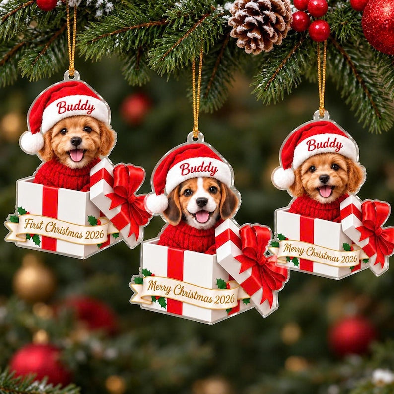 Personalized Pet Photo Christmas Ornament, Custom Dog Name Gift, First Christmas Puppy Pet Lover Keepsake