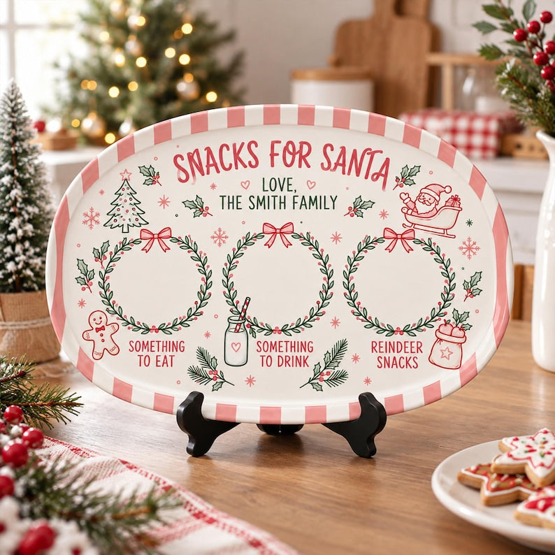Personalized Christmas Cookie Tray, Custom Family Name Santa Plate, Holiday Serving Platter