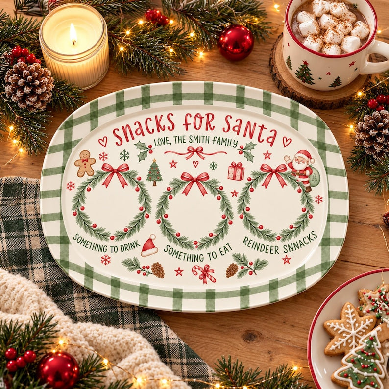 Personalized Christmas Cookie Tray, Custom Family Name Santa Plate, Holiday Serving Platter