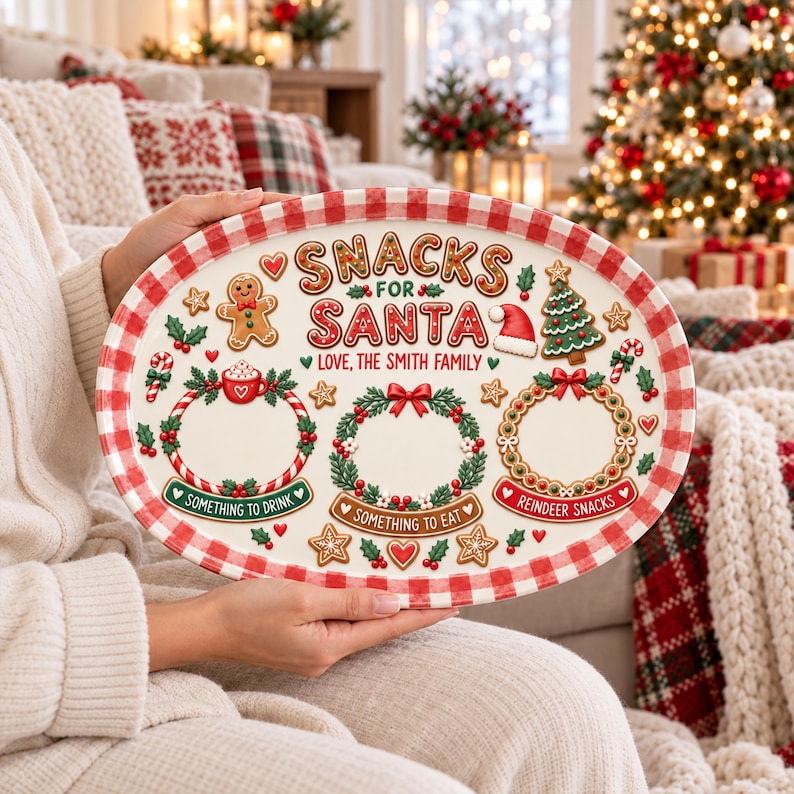 Personalized Christmas Cookie Tray, Custom Family Name Santa Plate, Holiday Serving Platter