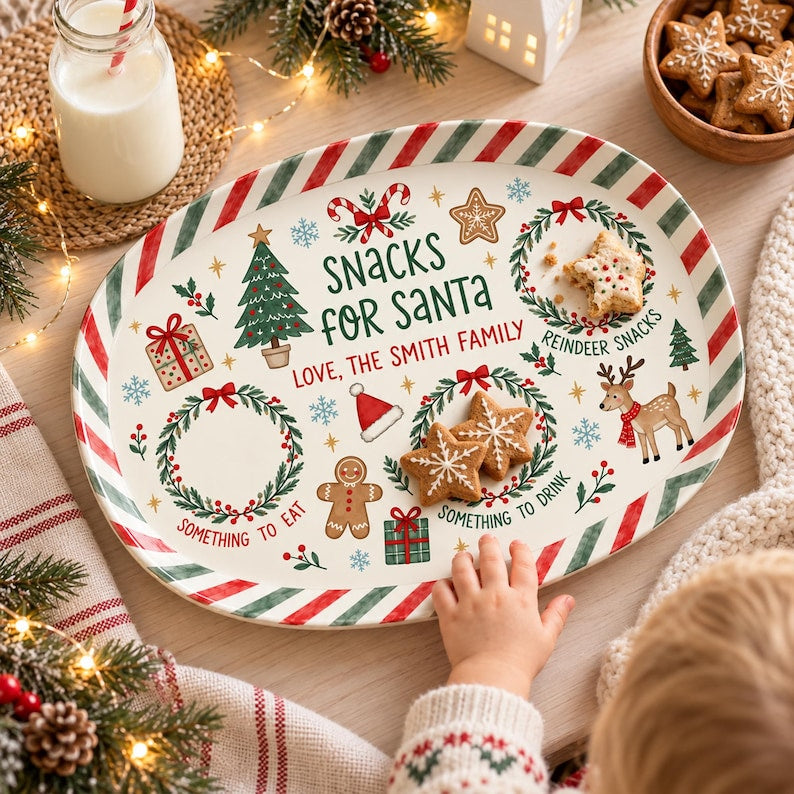 Personalized Christmas Cookie Tray, Custom Family Name Santa Plate, Holiday Serving Platter