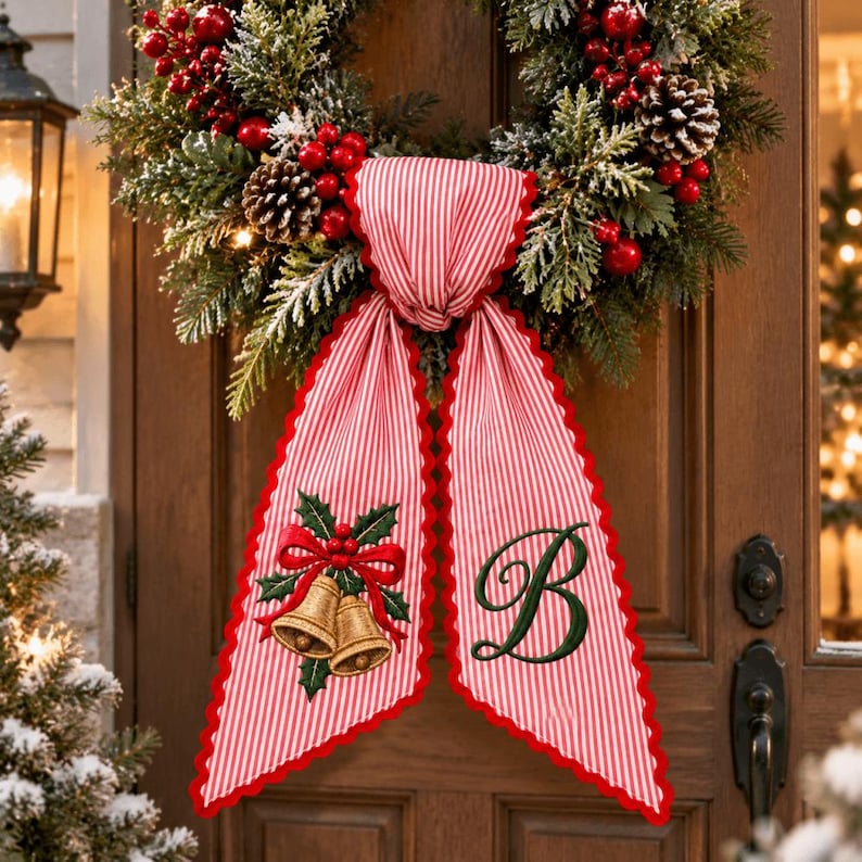 Personalized Embroidery Christmas Wreath Sash, Custom Monogram Tree Bow, Stripe Ribbon Bow Front Porch Decor