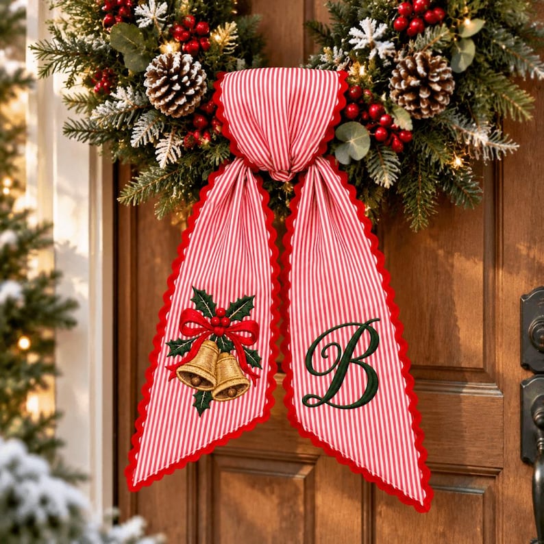 Personalized Embroidery Christmas Wreath Sash, Custom Monogram Tree Bow, Stripe Ribbon Bow Front Porch Decor