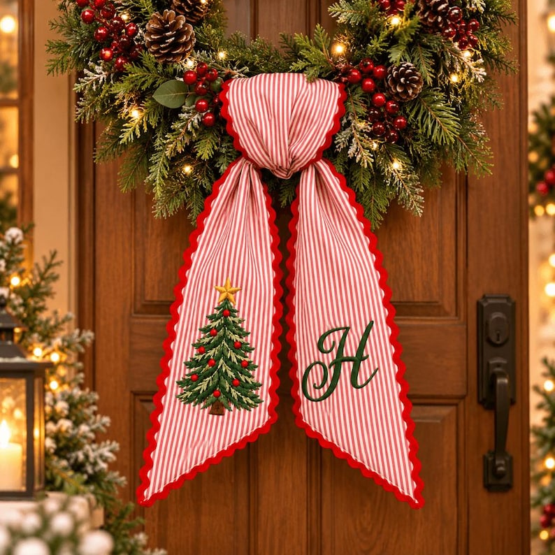 Personalized Embroidery Christmas Wreath Sash, Custom Monogram Tree Bow, Stripe Ribbon Bow Front Porch Decor