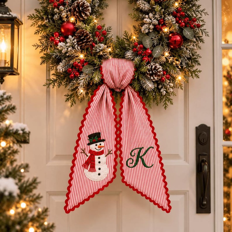 Personalized Embroidery Christmas Wreath Sash, Custom Monogram Tree Bow, Stripe Ribbon Bow Front Porch Decor