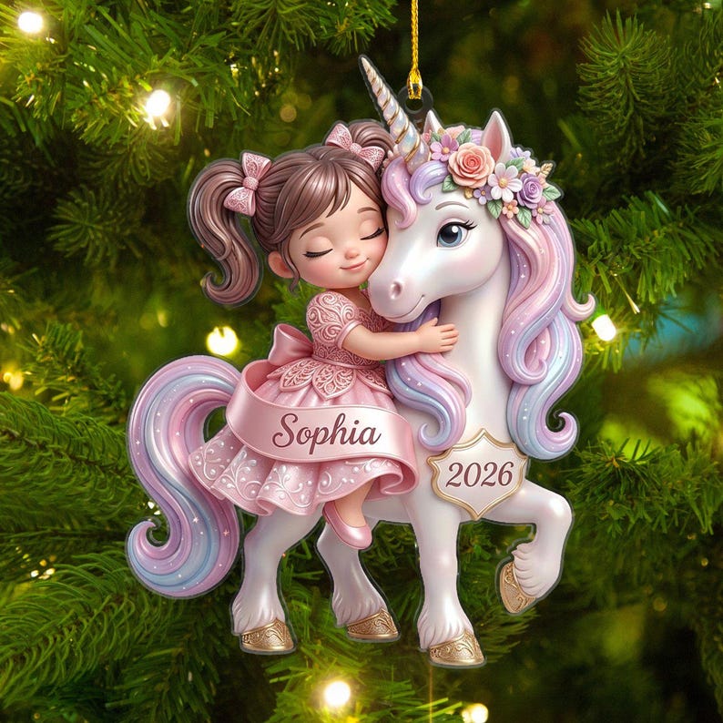 Personalized Unicorn Christmas Ornament, Little Girl Holiday Keepsake, Custom Daughter Tree Decor