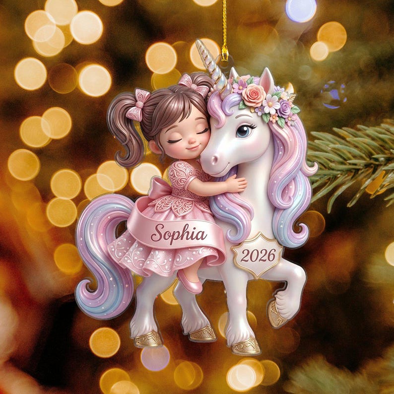 Personalized Unicorn Christmas Ornament, Little Girl Holiday Keepsake, Custom Daughter Tree Decor