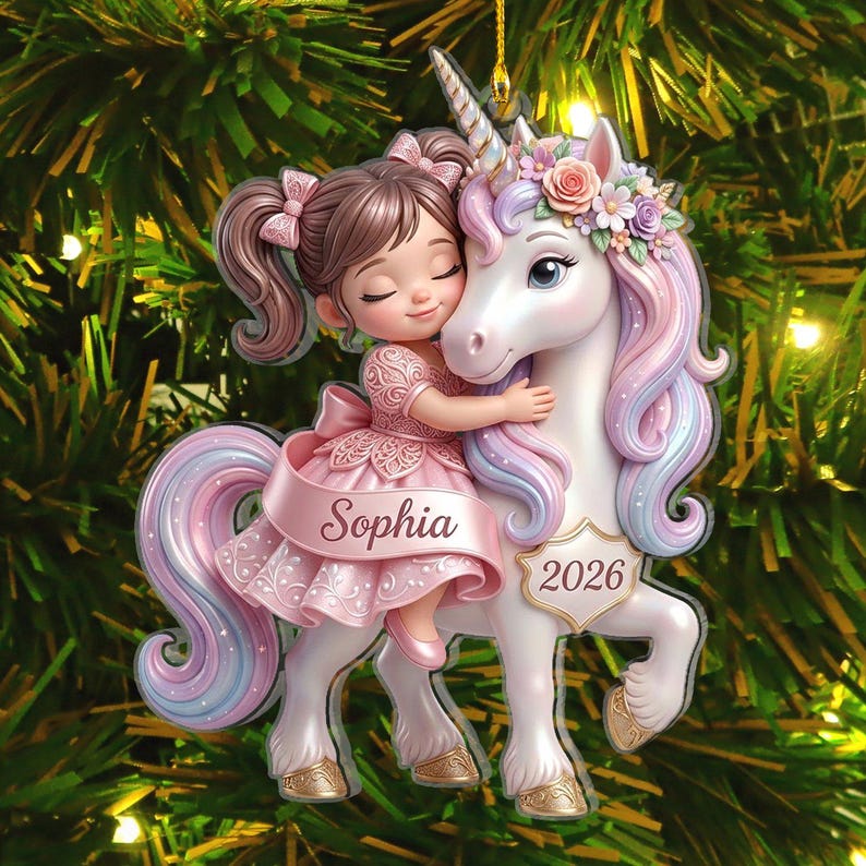 Personalized Unicorn Christmas Ornament, Little Girl Holiday Keepsake, Custom Daughter Tree Decor