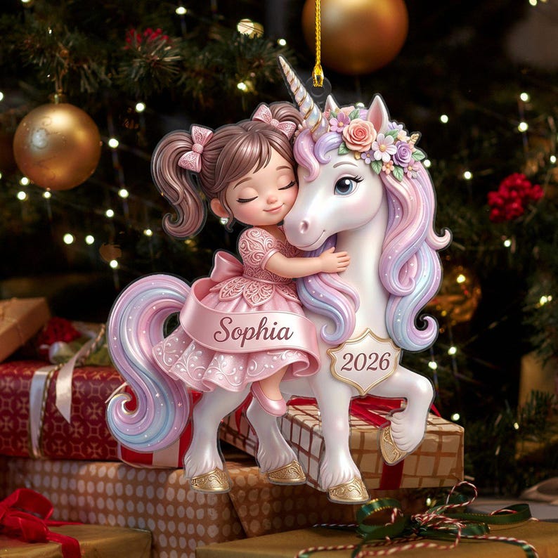 Personalized Unicorn Christmas Ornament, Little Girl Holiday Keepsake, Custom Daughter Tree Decor