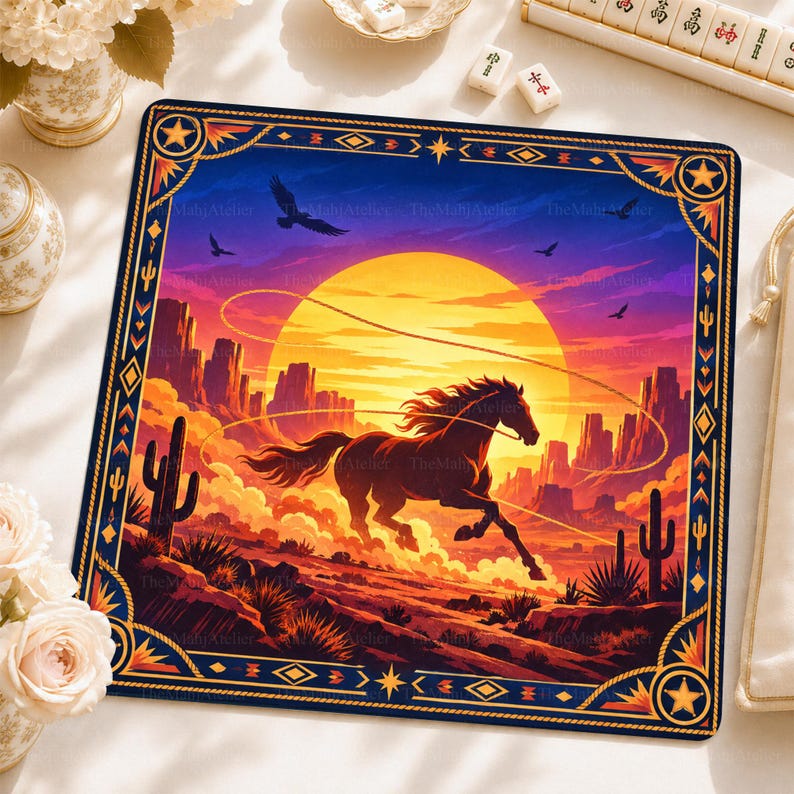 Western Horse Mahjong Mat, American Mah Jongg Game Mat, Non-slip Table Cover