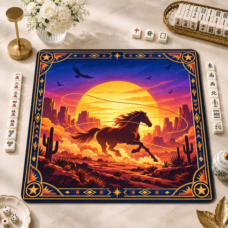 Western Horse Mahjong Mat, American Mah Jongg Game Mat, Non-slip Table Cover