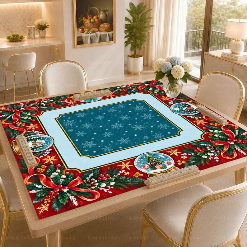 Christmas Snow Globe Mahjong Mat, American Mah Jongg Game Mat, Non-slip Table Cover