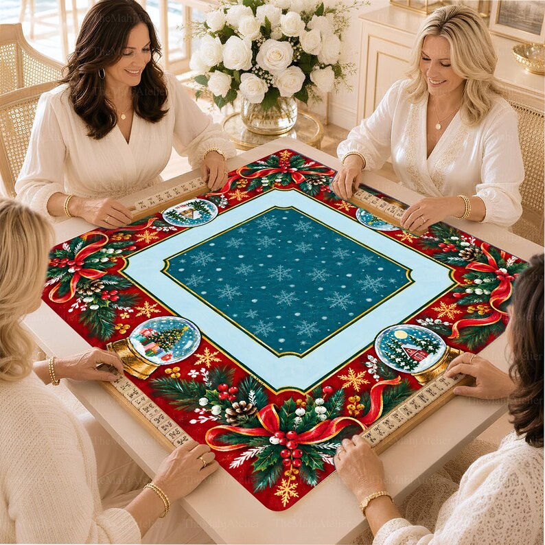 Christmas Snow Globe Mahjong Mat, American Mah Jongg Game Mat, Non-slip Table Cover