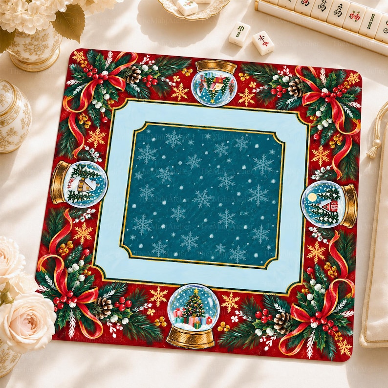 Christmas Snow Globe Mahjong Mat, American Mah Jongg Game Mat, Non-slip Table Cover