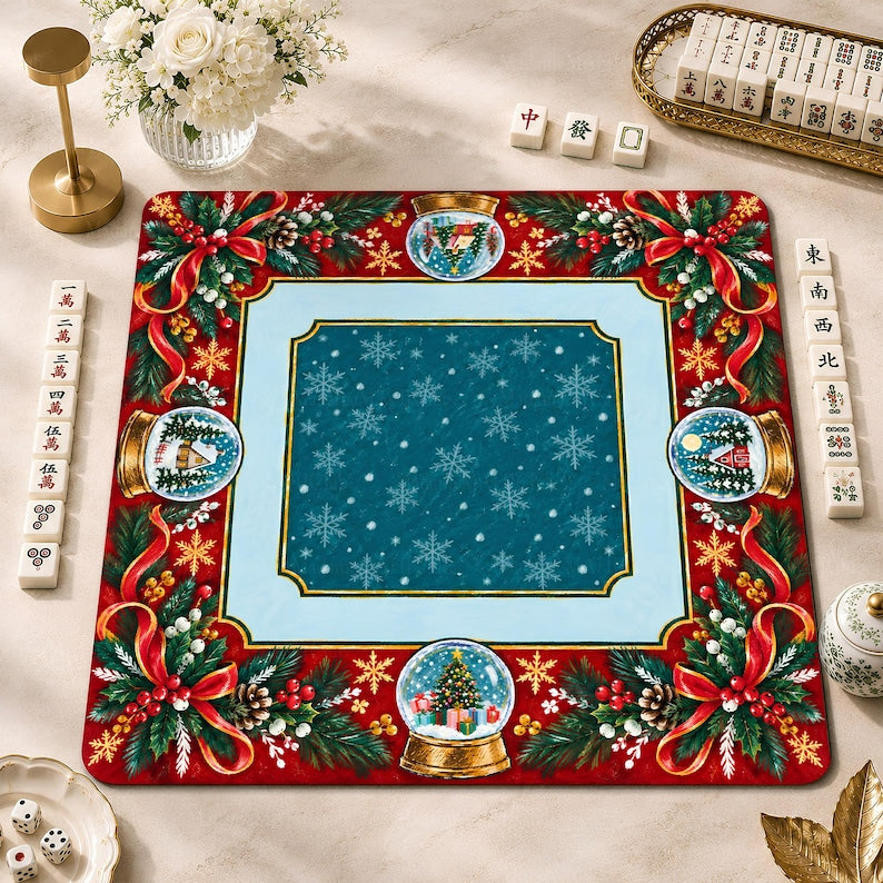 Christmas Snow Globe Mahjong Mat, American Mah Jongg Game Mat, Non-slip Table Cover