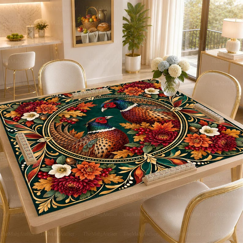 Pheasant Autumn Mahjong Mat, American Mah Jongg Game Mat, Non-slip Table Cover