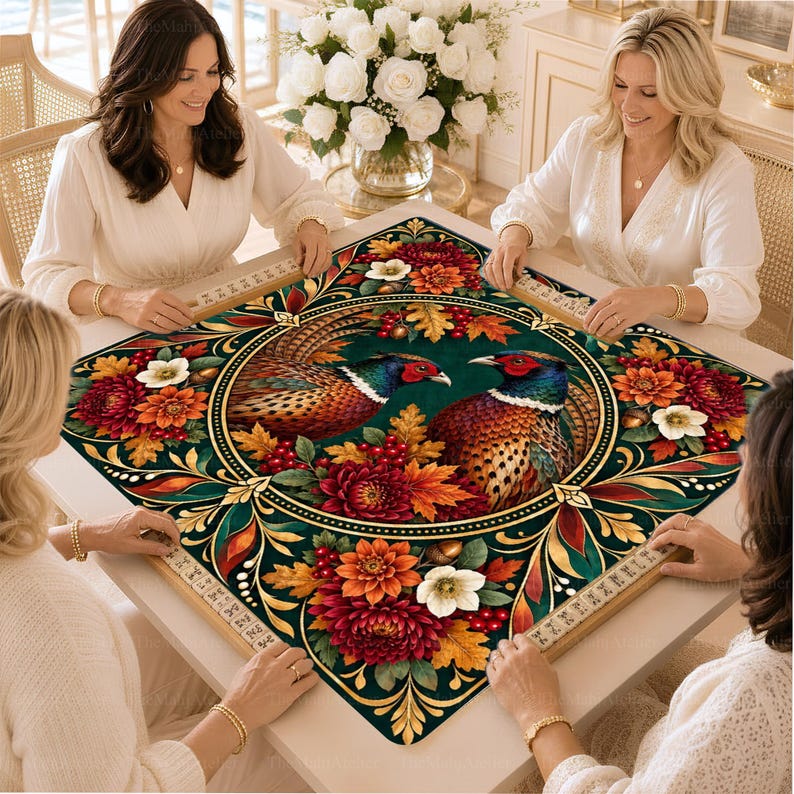 Pheasant Autumn Mahjong Mat, American Mah Jongg Game Mat, Non-slip Table Cover