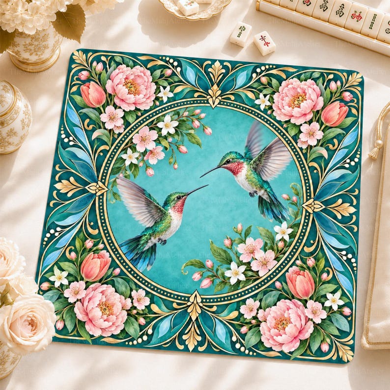 Hummingbird Floral Mahjong Mat, American Mah Jongg Game Mat, Non-slip Table Cover