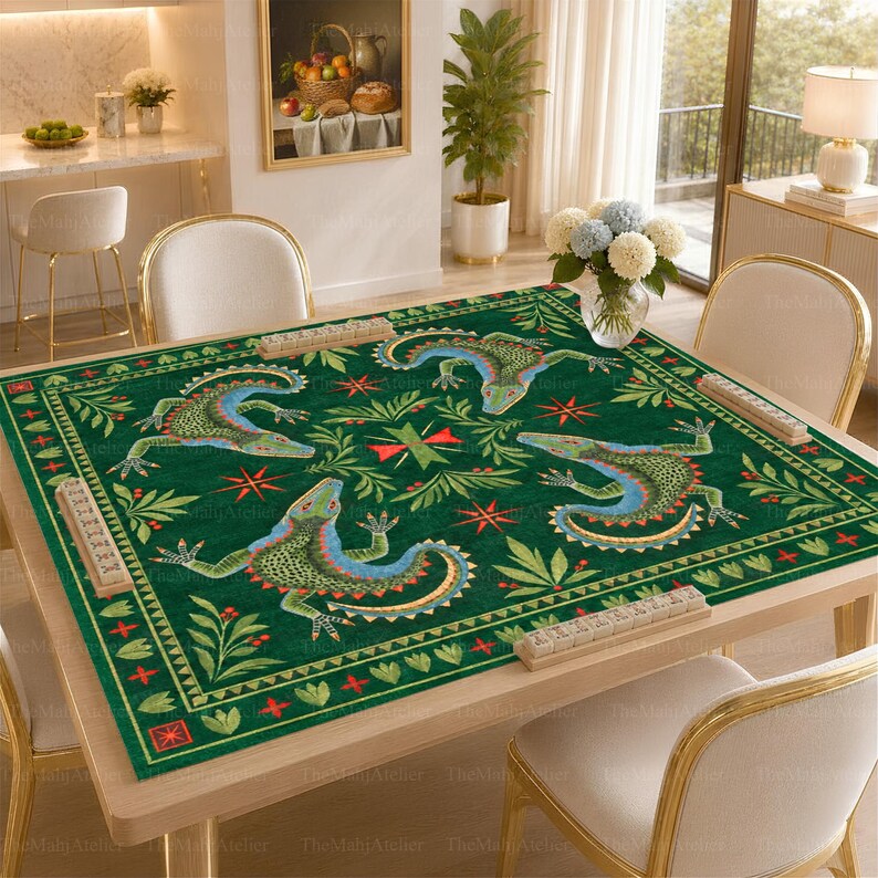 Alligator Folk Art Mahjong Mat, American Mah Jongg Game Mat, Non-slip Table Cover