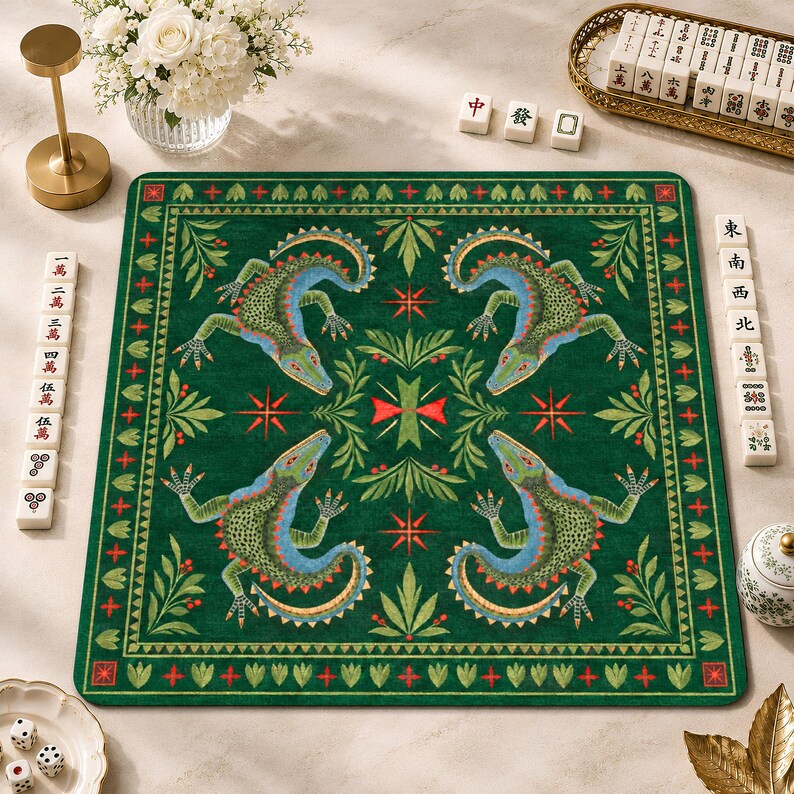 Alligator Folk Art Mahjong Mat, American Mah Jongg Game Mat, Non-slip Table Cover
