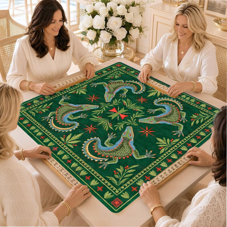 Alligator Folk Art Mahjong Mat, American Mah Jongg Game Mat, Non-slip Table Cover