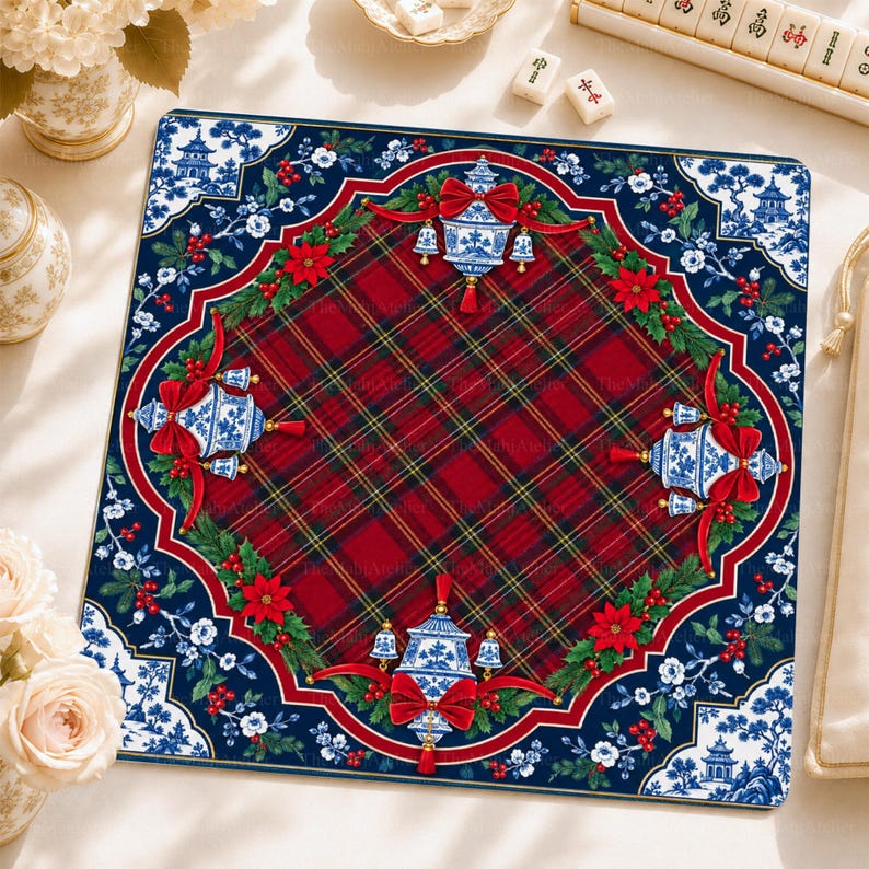 Chinoiserie Christmas Mahjong Mat, American Mah Jongg Mat, Non-slip Table Cover