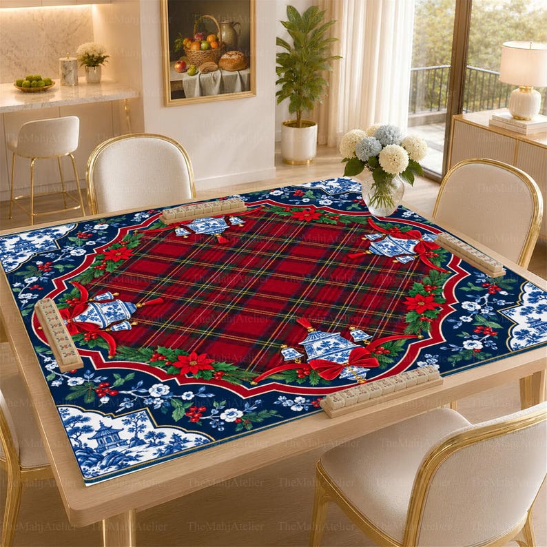 Chinoiserie Christmas Mahjong Mat, American Mah Jongg Mat, Non-slip Table Cover