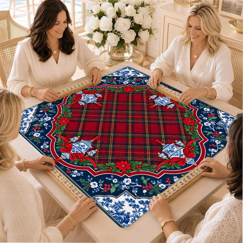 Chinoiserie Christmas Mahjong Mat, American Mah Jongg Mat, Non-slip Table Cover