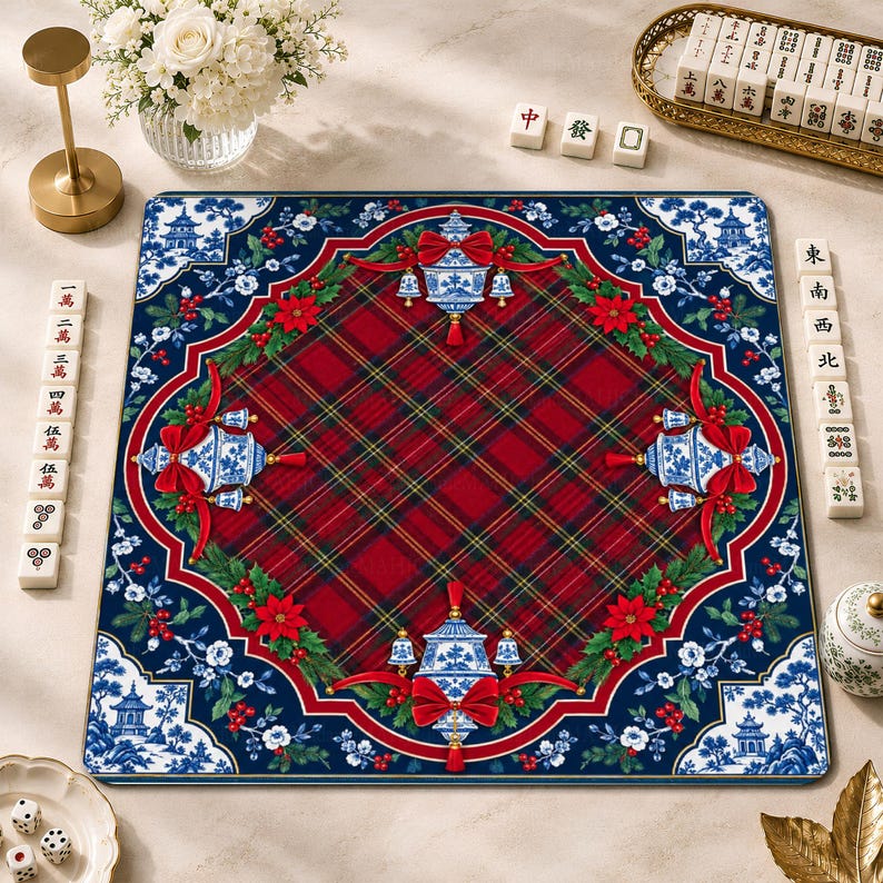 Chinoiserie Christmas Mahjong Mat, American Mah Jongg Mat, Non-slip Table Cover
