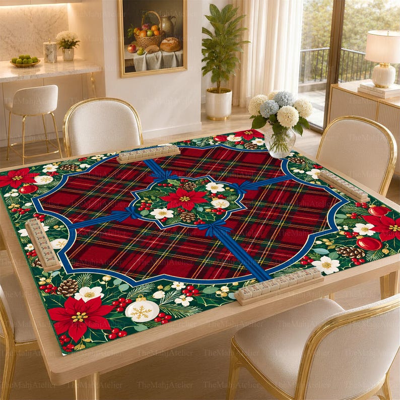 Tartan Poinsettia Christmas Mahjong Mat, American Mah Jongg Mat, Non-slip Table Cover
