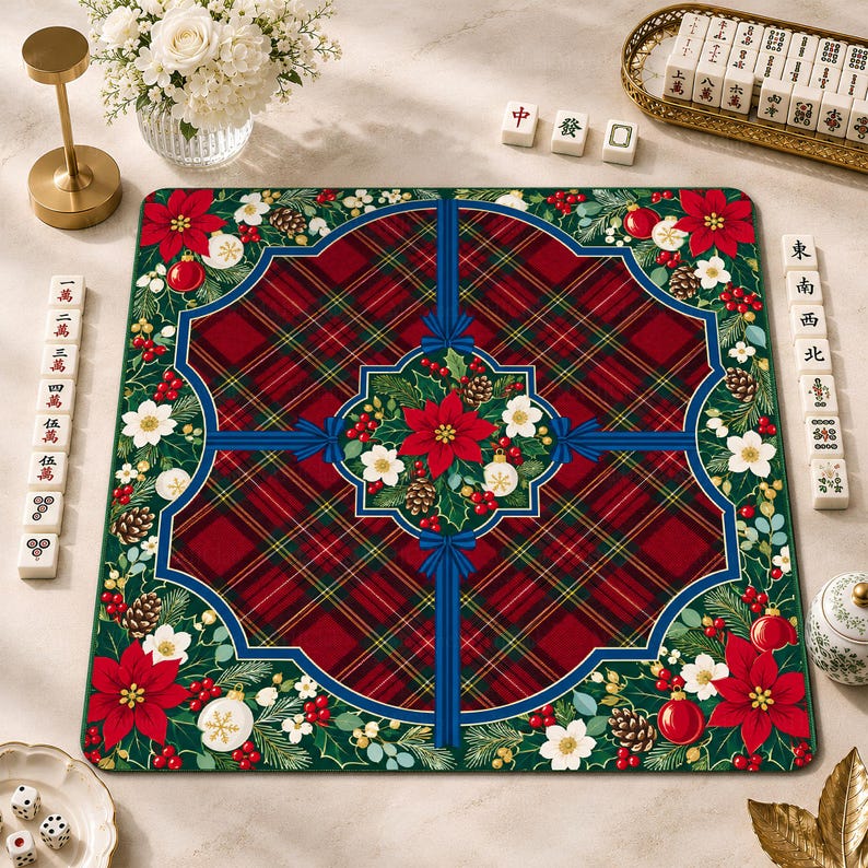 Tartan Poinsettia Christmas Mahjong Mat, American Mah Jongg Mat, Non-slip Table Cover