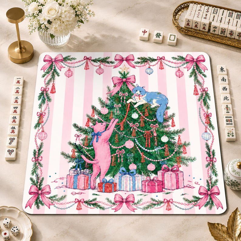 Pink Christmas Cat Mahjong Mat, American Mah Jongg Mat, Non-slip Table Cover