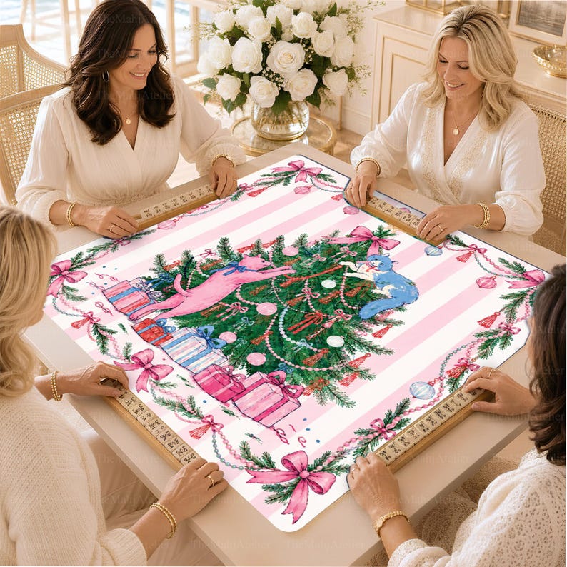 Pink Christmas Cat Mahjong Mat, American Mah Jongg Mat, Non-slip Table Cover