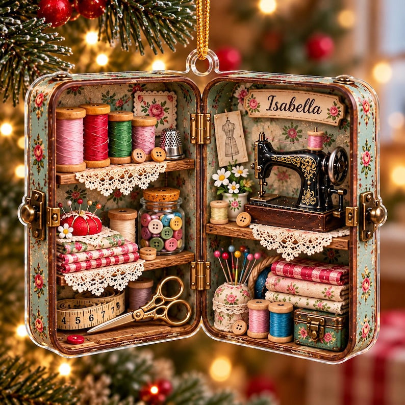 Personalized Sewing Christmas Ornament, Vintage Sewing Machine Ornament, Custom Name Seamstress Gift