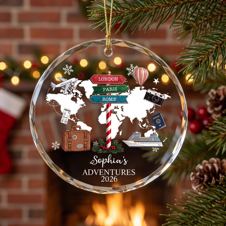 Personalized Travel Adventure Glass Ornament, Traveling Destination Christmas Ornament
